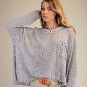 EASEL LONG SLEEVE KNITTED SWEATER BOXY PULLOVER -SEMI SHEER LT-BLUE